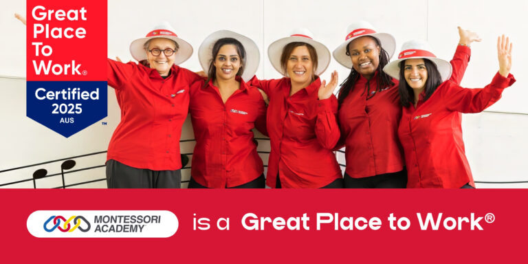 Waving early childhood educators wearing red shirts with Great Place to Work Logo Badge