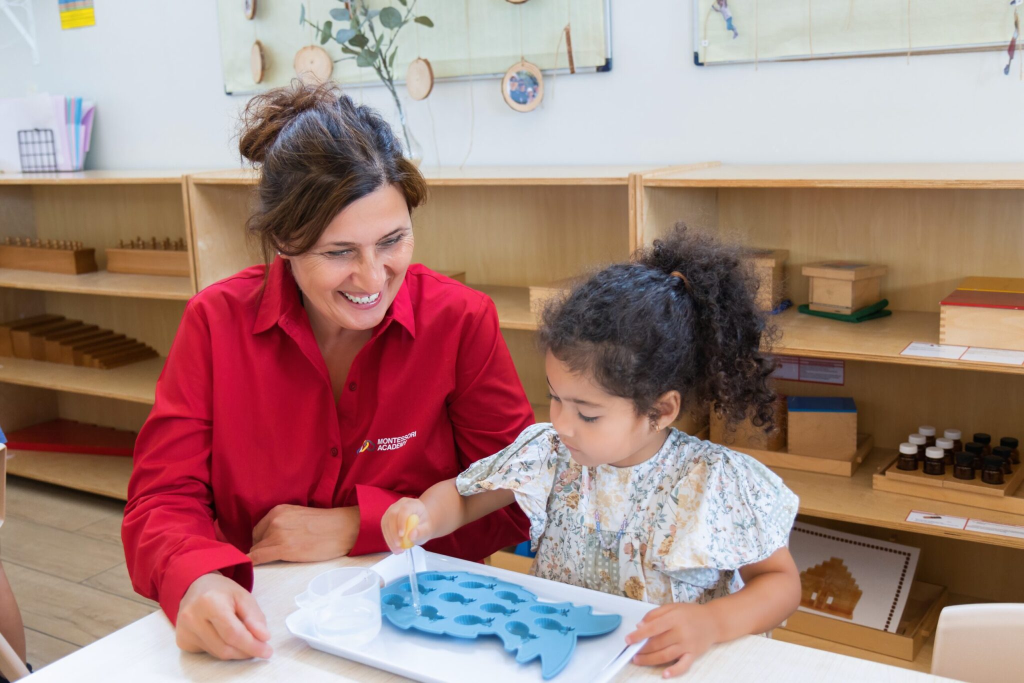 Educator guiding a child using Montessori materials in a calm, prepared classroom environment through the EYLF.